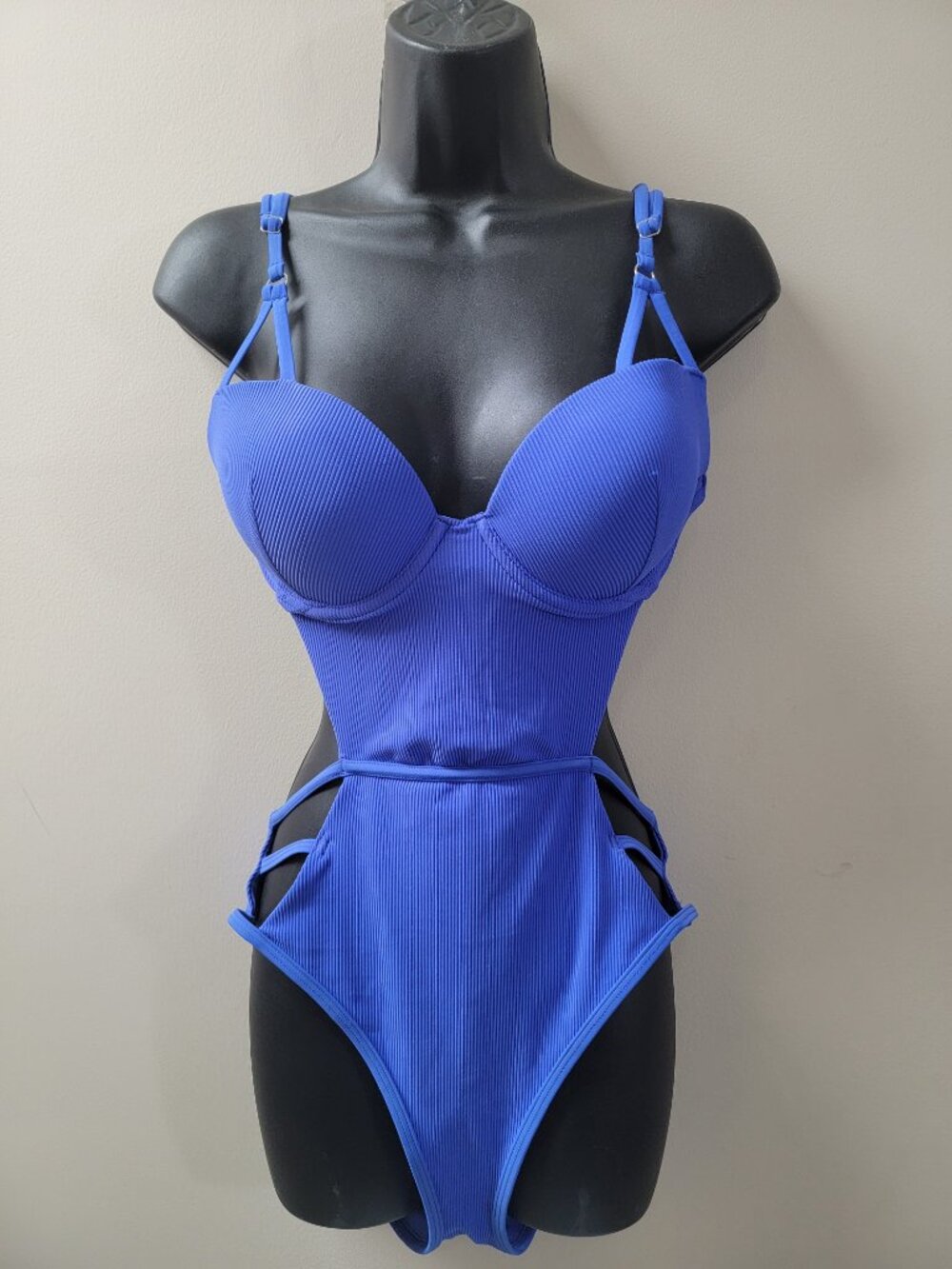 La Senza Blue Ribbed Cut Out One Piece Swimsuit L Underwire with tags